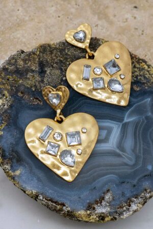 Hammered Heart Earrings with Clear Stones