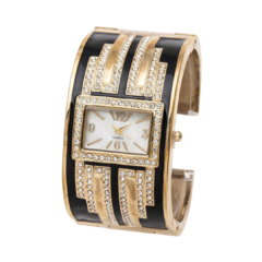 Black Enamel And Gold Tones Thick Art Deco Cuff Watch