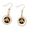 Golden Honey Bee On Onyx Enamel Coin Dangle Earrings