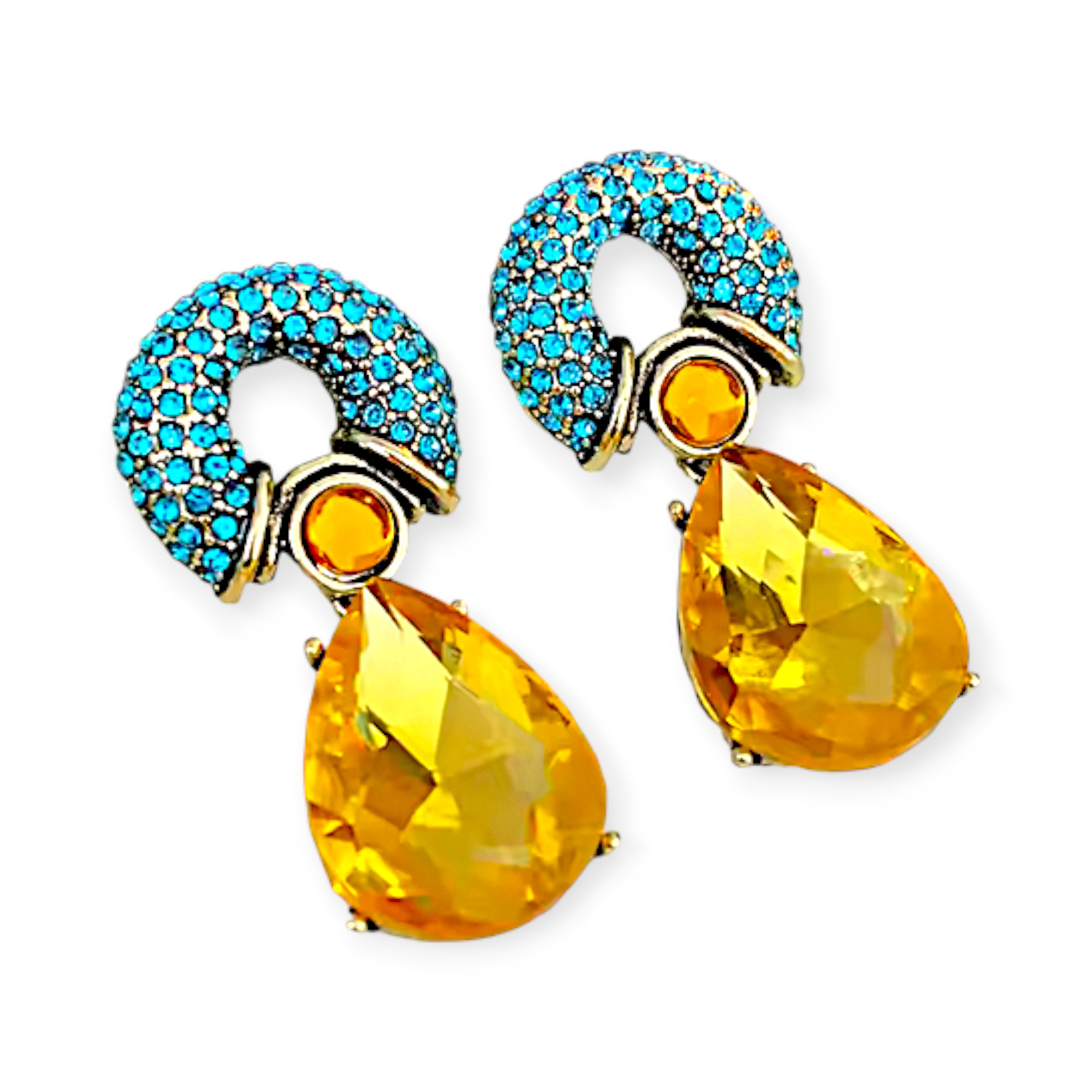 Crystal Mirage Golden Teardrop & Aquamarine Pavé Dangle Earrings 